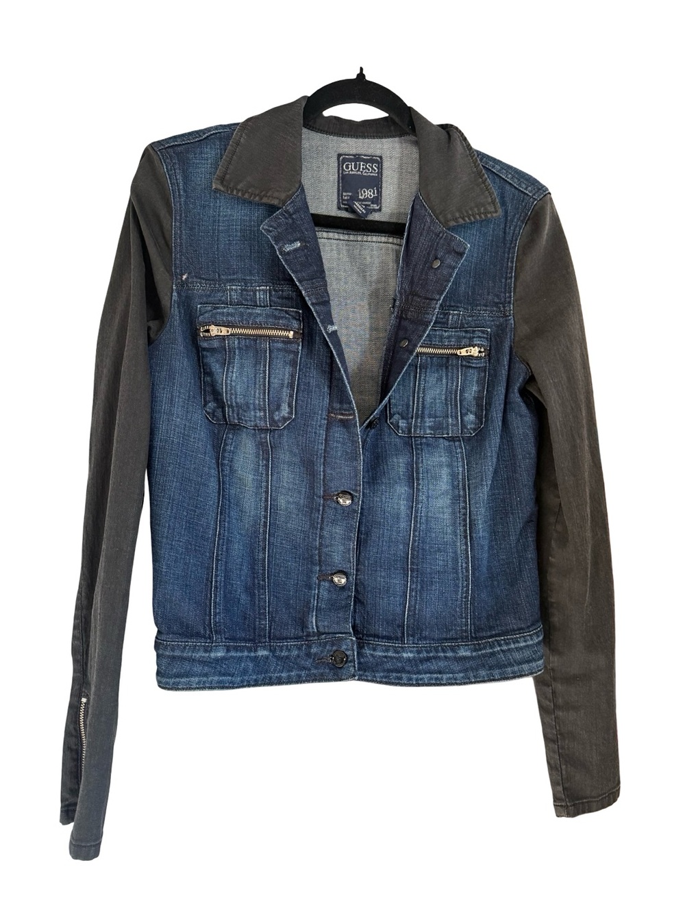 GUESS Two-Tone Blue Denim Jacket with Charcoal Sleeves
